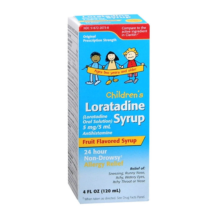 Taro Children’s Loratadine Oral Solution in a bottle, stored inside a Pasteur Pharmacy medicine cabinet, for allergy relief.