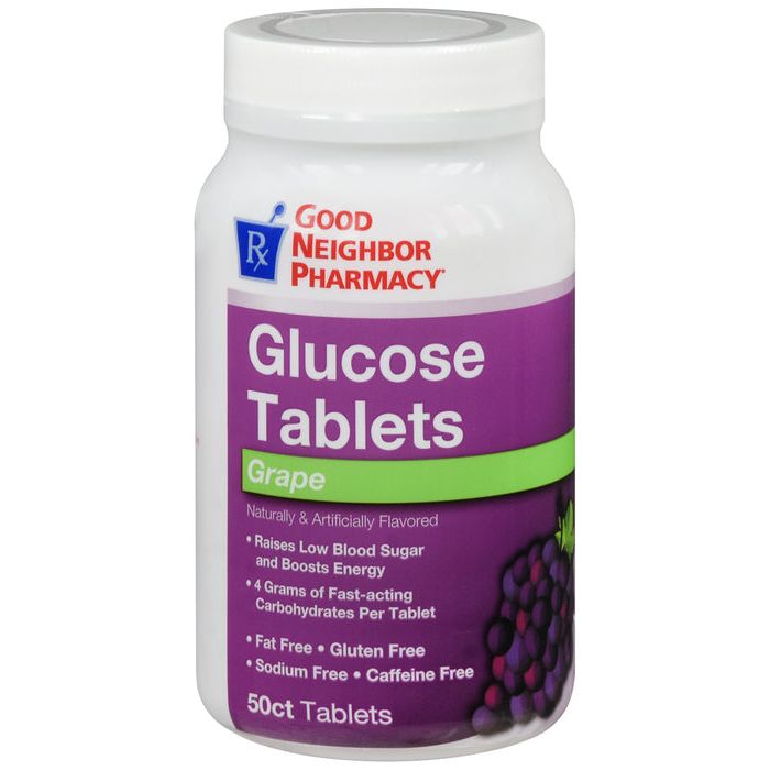 Pasteur Pharmacy medicine cabinet with Trividia Health Good Neighbor Pharmacy Glucose Grape Tablets bottle, 50 count, stored inside.