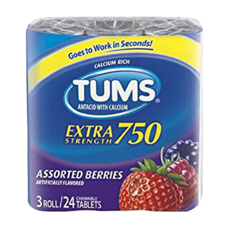 Pasteur Pharmacy medicine cabinet with Tums Extra Strength 750 assorted berries tablets in a clear container.
