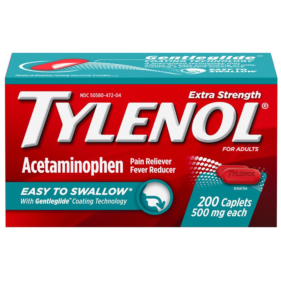 Tylenol Extra Strength Acetaminophen pain reliever caplets in a Pasteur Pharmacy medicine cabinet.