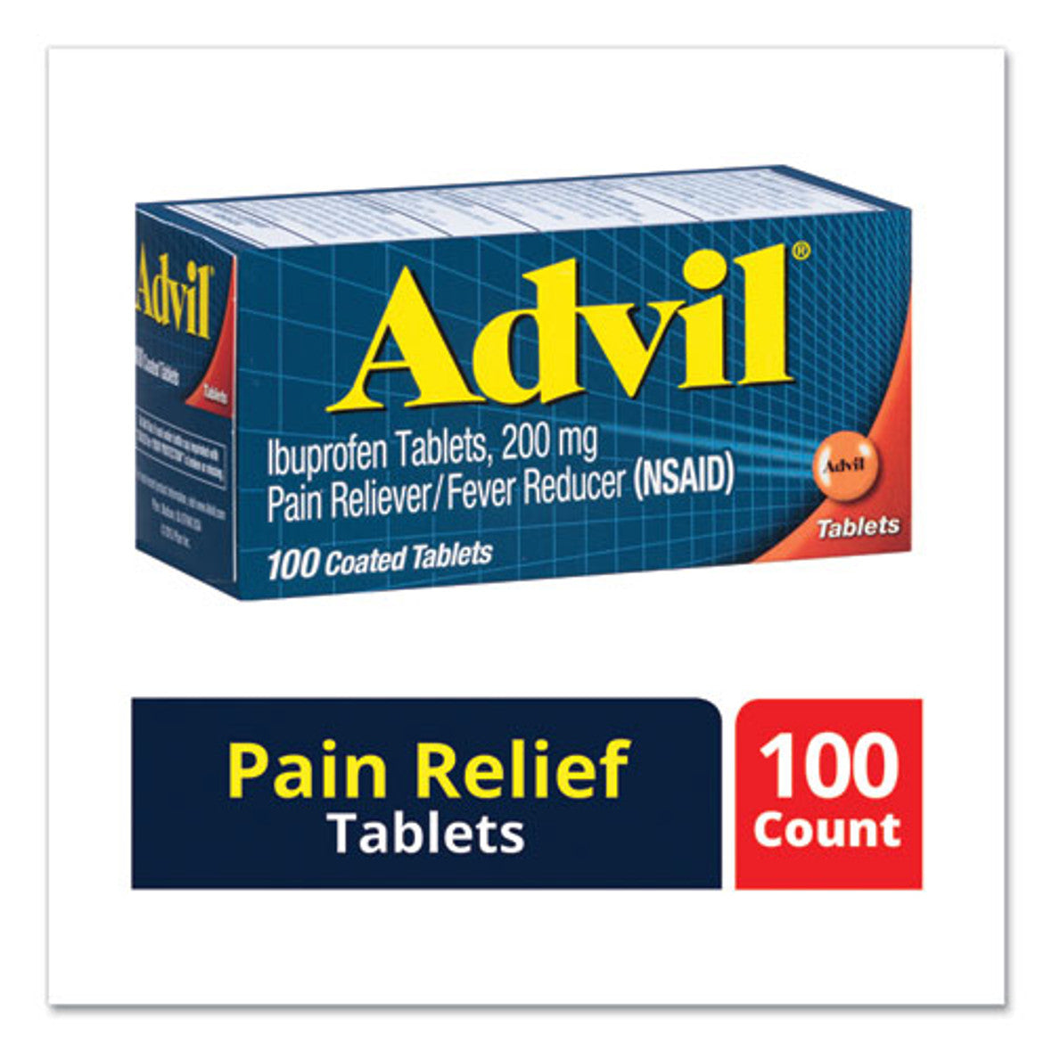 Pack of 100 Advil Ibuprofen 200 mg tablets for pain relief and fever reduction, displayed in a clear blister pack.