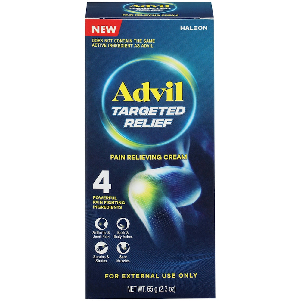 Advil Targeted Relief Pain Relieving Cream in a 2.3oz tube, designed to soothe localized pain, by Pasteur Pharmacy.