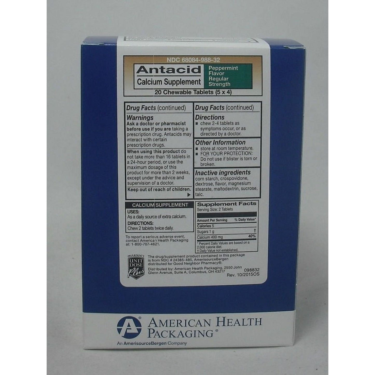 Ahpcoh Calcium Supplement chewable tablets with peppermint flavor, designed as antacid medicine from Pasteur Pharmacy.