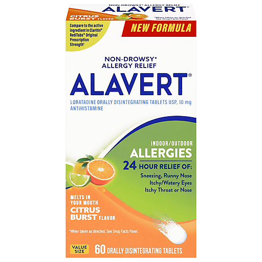 Alavert Allergy Relief tablets in Citrus Burst flavor, 10 mg, in a value size bottle from Pasteur Pharmacy.