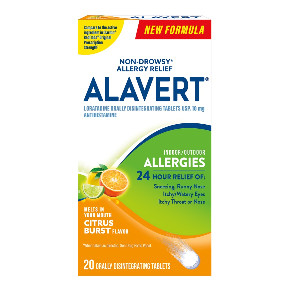Alavert Citrus Burst orally disintegrating tablets for 24-hour allergy relief, shown in blister pack by Pasteur Pharmacy.