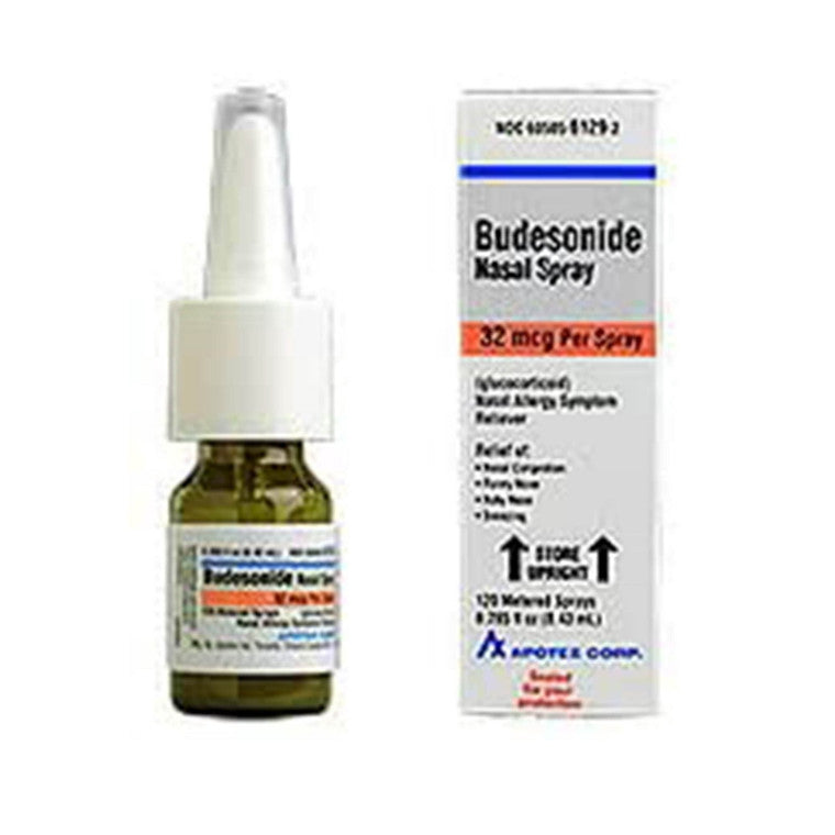 Apotex Budesonide nasal spray bottle with 32 mcg dosage and 8.43 ml capacity, used for allergy relief.