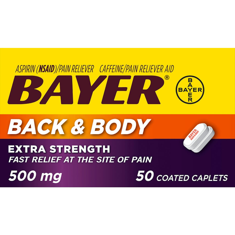 Bayer Aspirin Extra Strength back and body pain relief 500 mg coated caplets, 50 count, in blister packaging