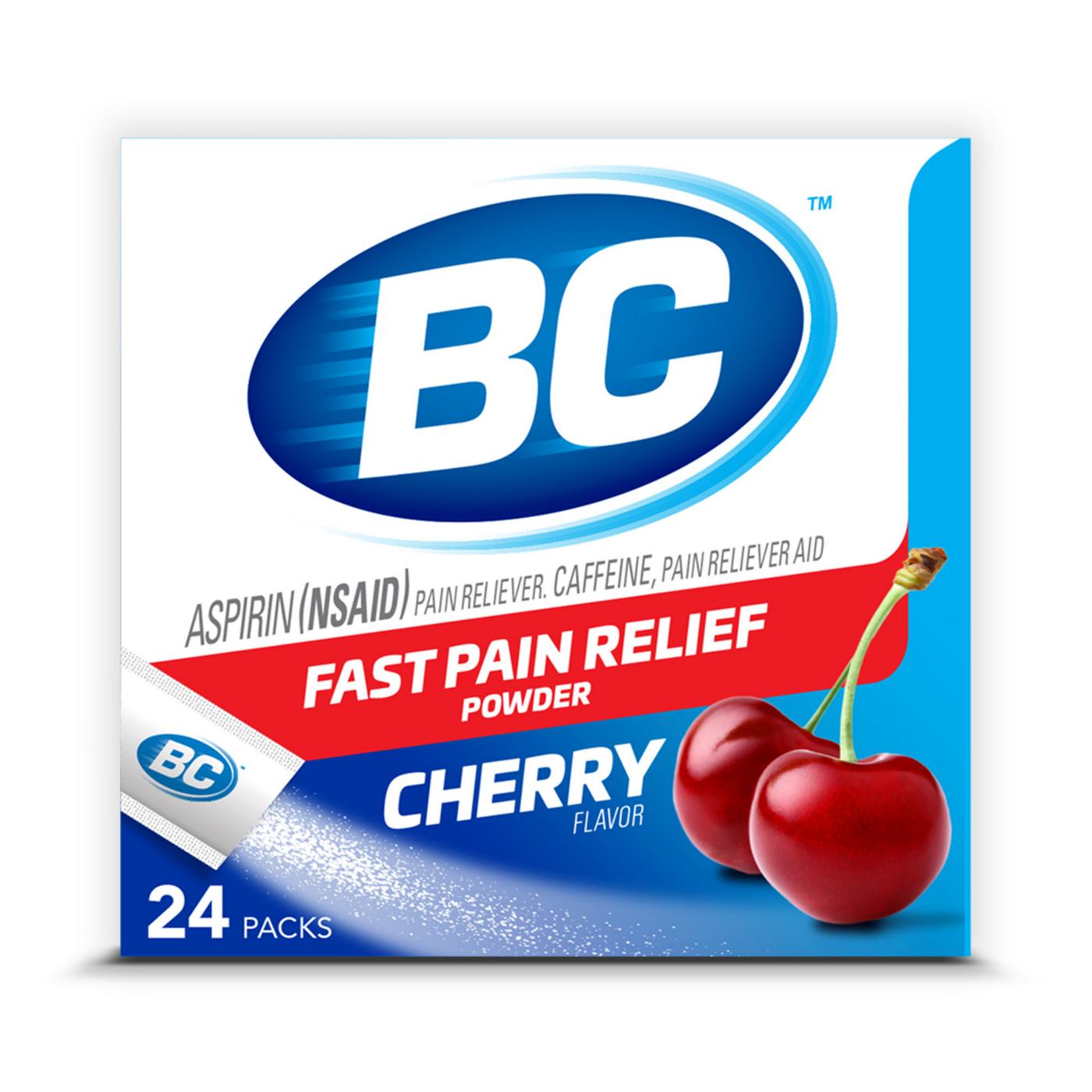 BC Powder Cherry pain reliever sticks with 845mg aspirin and 65mg caffeine, fast-acting medicine in 24 individual packs.