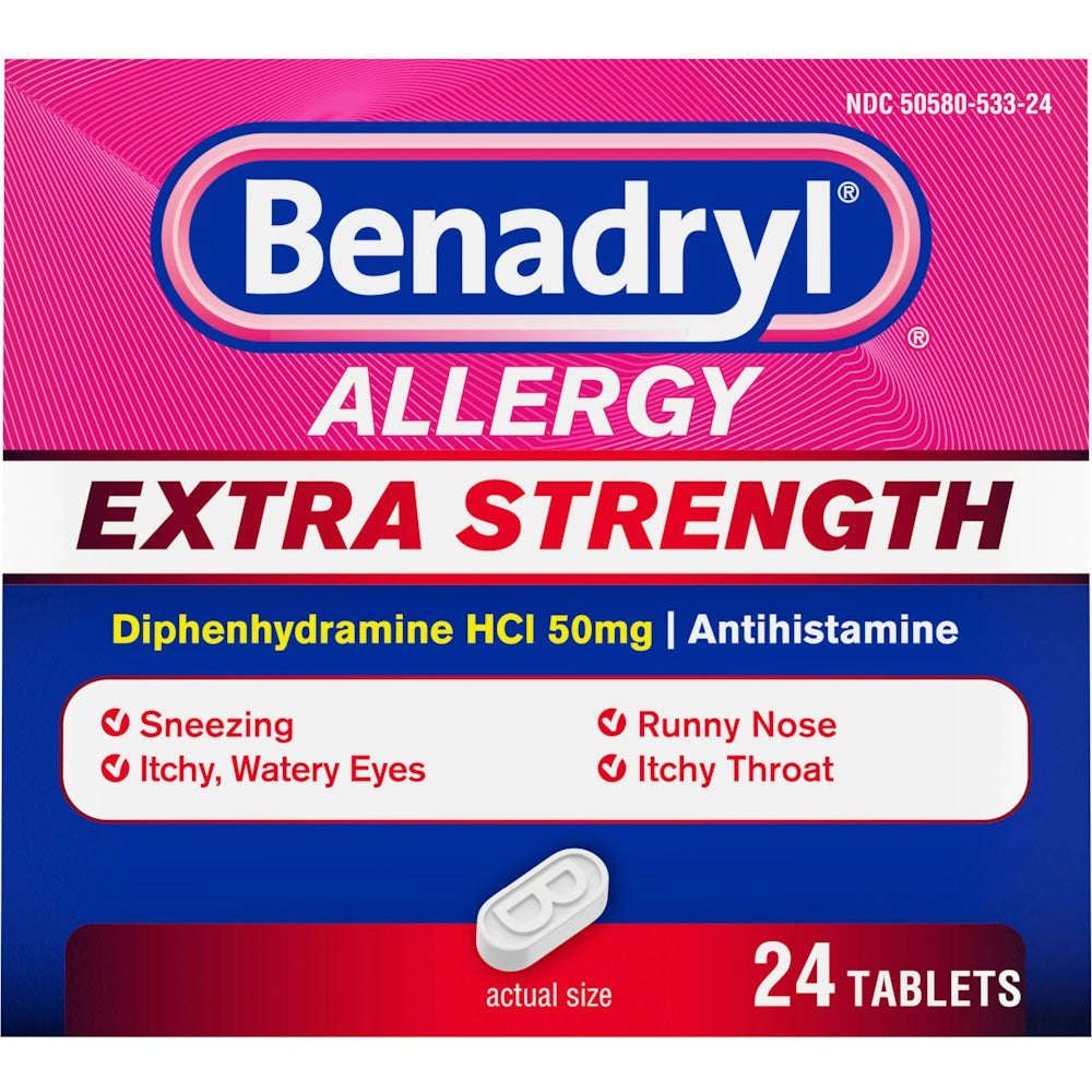 Benadryl Allergy Tb 50 mg medication by Pasteur Pharmacy, 24 tablets in a blister pack, used for allergy relief.