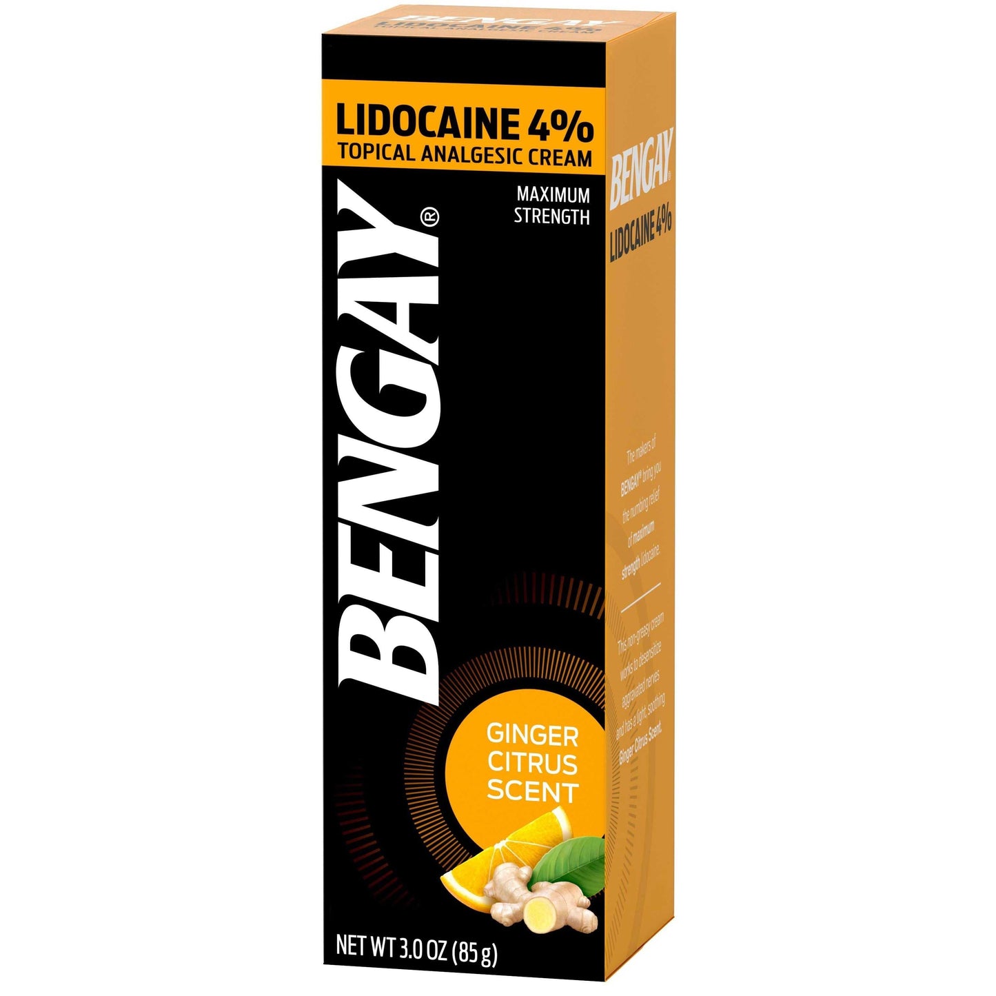 Bengay Lidocaine 4% maximum strength ginger citrus scent topical analgesic cream in a 3 oz tube, used for pain relief.