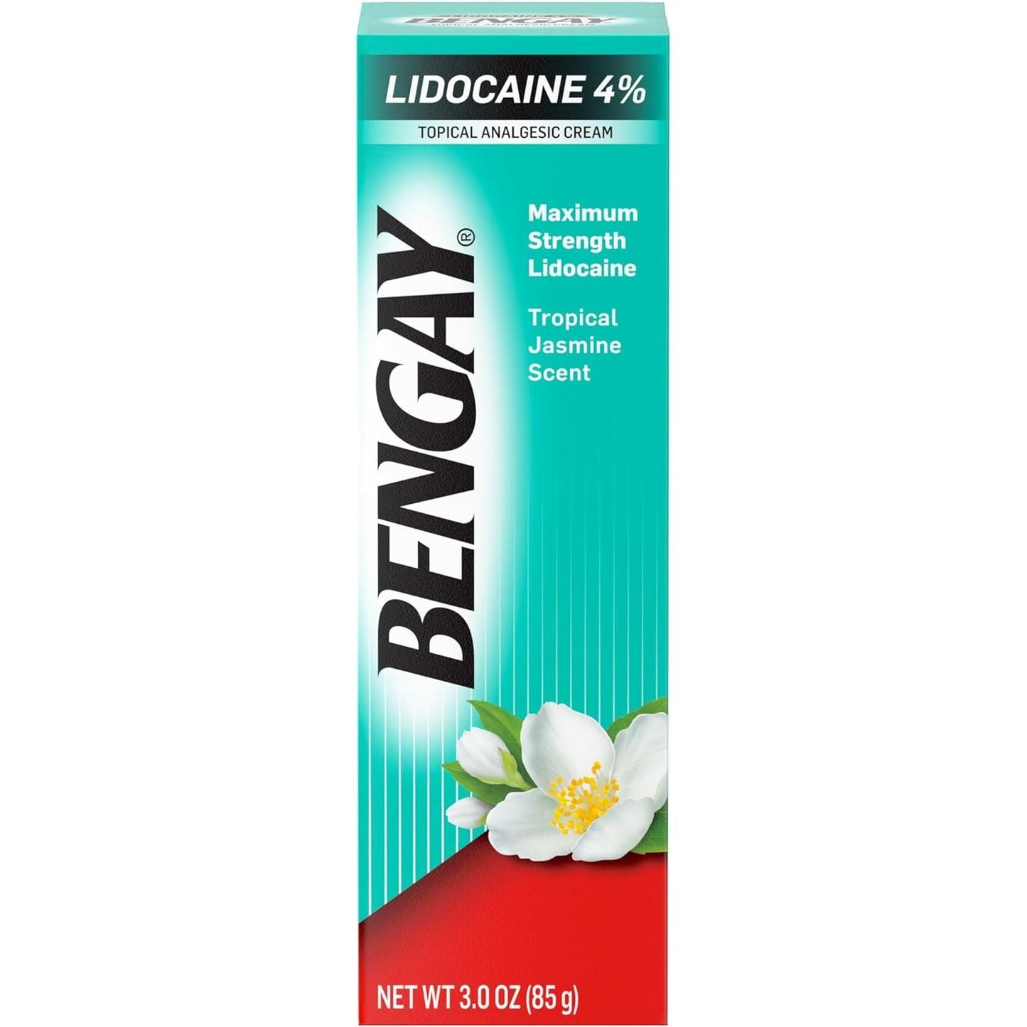 Bengay Maximum Strength Lidocaine Topical Analgesic Cream in 3 oz tube with tropical jasmine scent, used for pain relief.