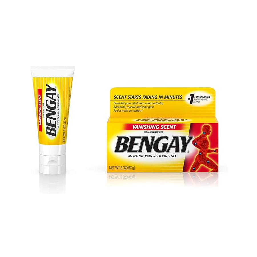 Bengay Vanishing Scent Non-Greasy Pain Relief Gel in 2 oz tube, effective for muscle and joint pain relief.