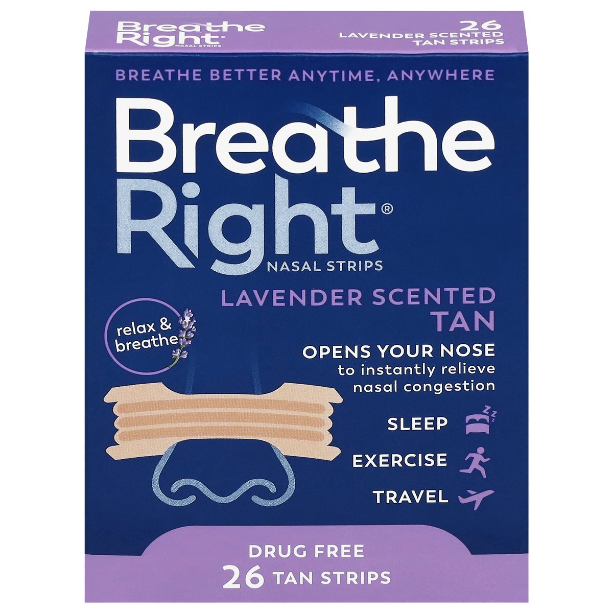 Tan Breathe Right nasal strips with lavender scent from Pasteur Pharmacy, designed to help open nasal passages comfortably.