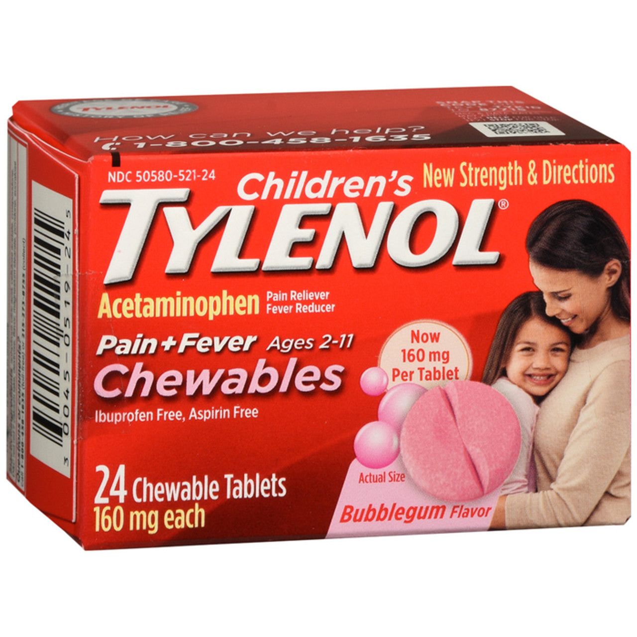 Children's Tylenol chewable tablets with bubble gum flavor, 160mg acetaminophen, 24 count, by Pasteur Pharmacy.