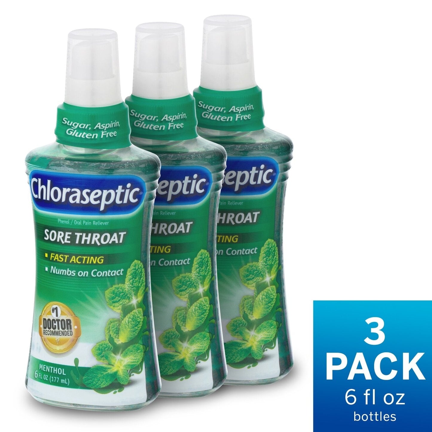 Chloraseptic Sore Throat Relief Spray in menthol flavor, 6 fl oz, medicine and drug product with spray nozzle.