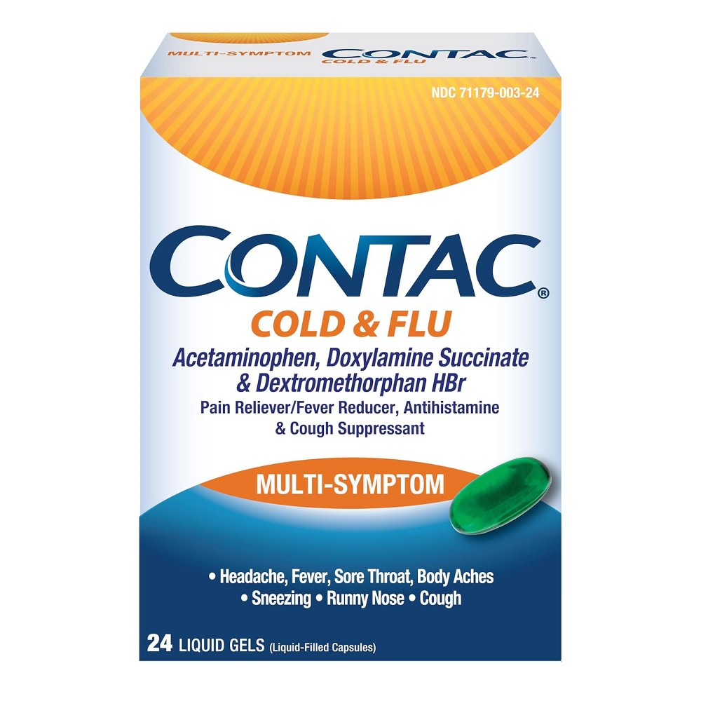 Contac Cold & Flu Multi Symptom 24 Liquid Gels in a bottle, medicine and drugs by Pasteur Pharmacy for cold and flu relief.