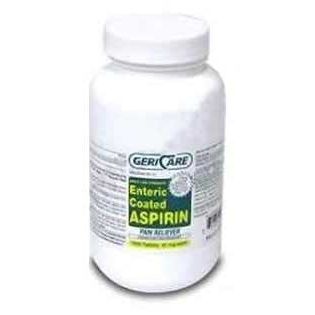 Geri Care Adult Low Strength Aspirin 81 mg tablets, medicine and drug product by Pasteur Pharmacy, used for pain relief and heart health.