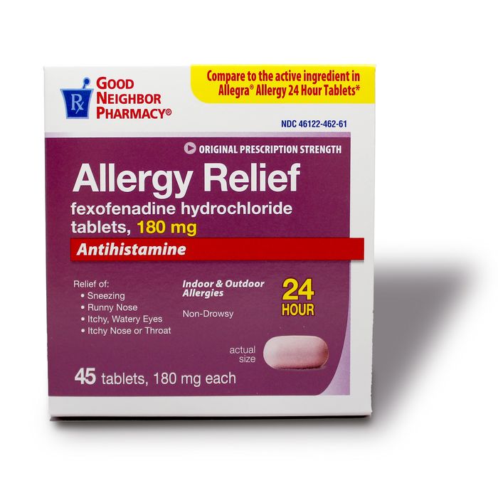 GNP Fexofenadine HCl 180 mg allergy tablets, 24-hour relief, 45 count, medicine and drugs from Pasteur Pharmacy