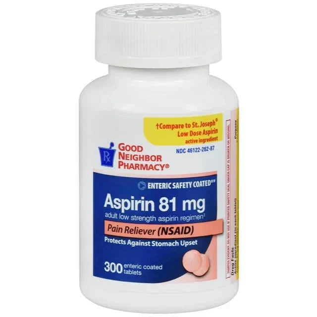 GNP Low Dose Aspirin 81 mg enteric-coated tablets in bottle, used for heart health and blood thinning, 300-count bottle.