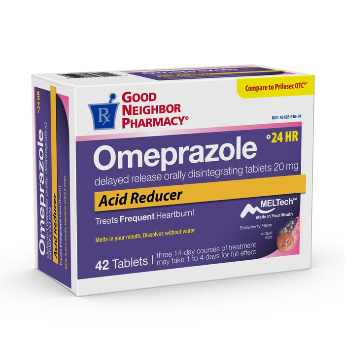 GNP Omeprazole 20 mg ODT tablets for acid reduction, 42 count, shown in blister pack on a white background.