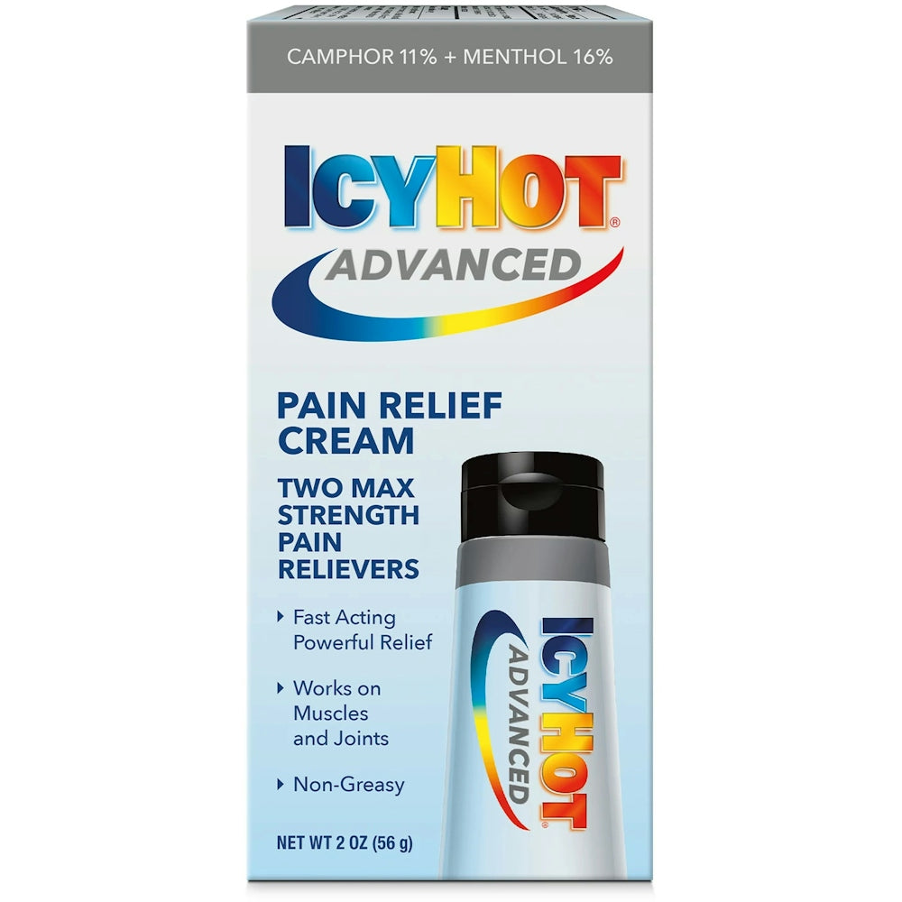Icy Hot Advanced Pain Relief Cream in a 2 oz tube, designed for muscle and joint pain relief, by Pasteur Pharmacy.