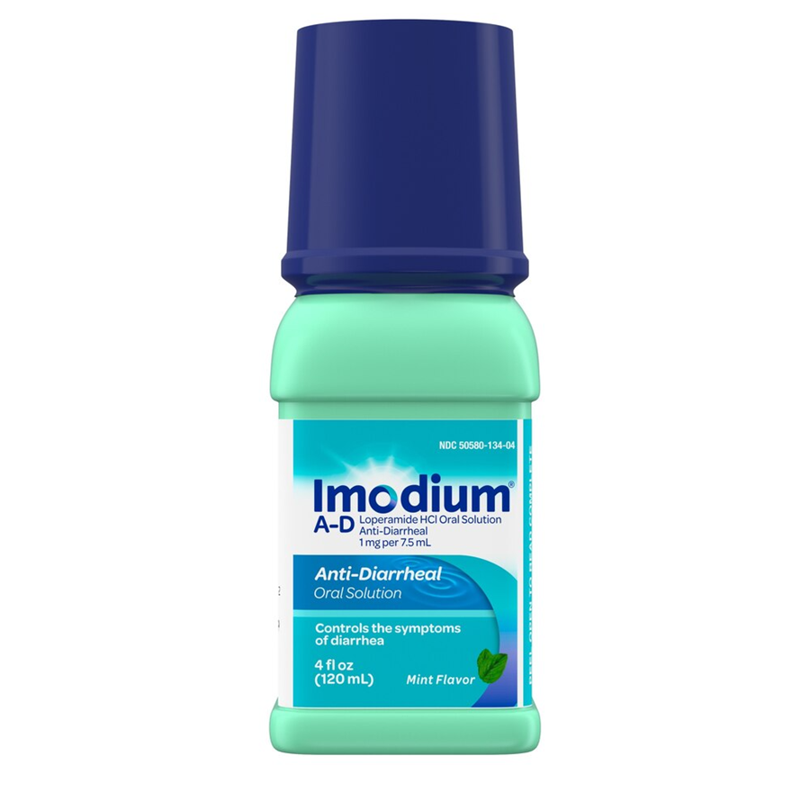 Imodium Oral Solution in mint flavor, 4 oz bottle, anti-diarrheal medicine by Pasteur Pharmacy with clear label and packaging.