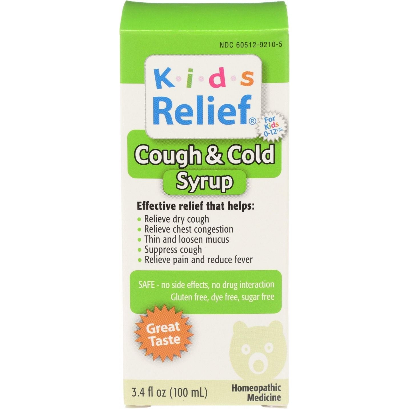 Kids Relief Cough and Cold Syrup by Pasteur Pharmacy in 3.4 Fl Oz bottle, showing the medicine bottle with label.
