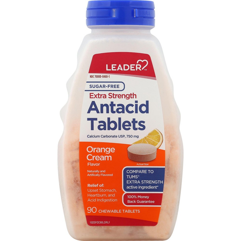 Leader Antacid medicine and drugs bottle with label, used for relief from stomach acid and indigestion.