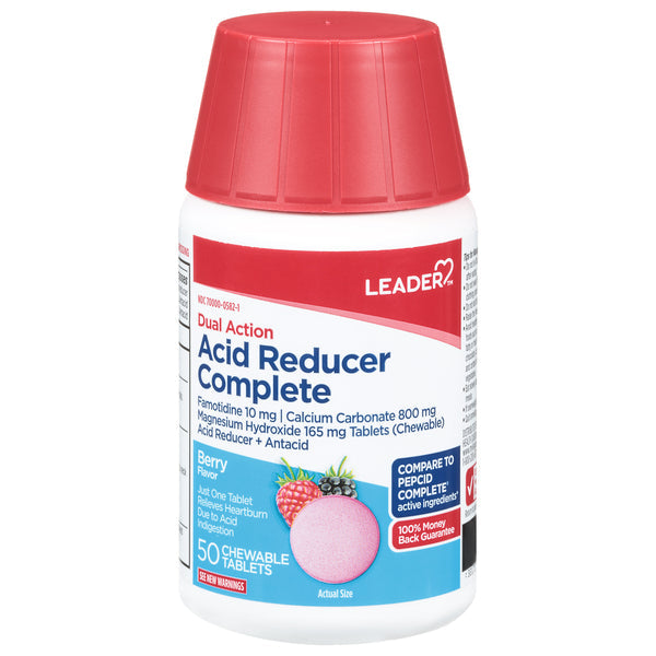 Leader Health Care Acid Reducer Complete chewable tablets in berry flavor, a dual-action medicine for acid relief, by Pasteur Pharmacy.