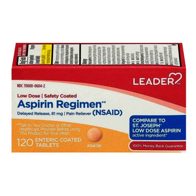 Leader™ Low Dose Aspirin 81 mg enteric-coated tablets, 120-count bottle, shown in a labeled medicine bottle.