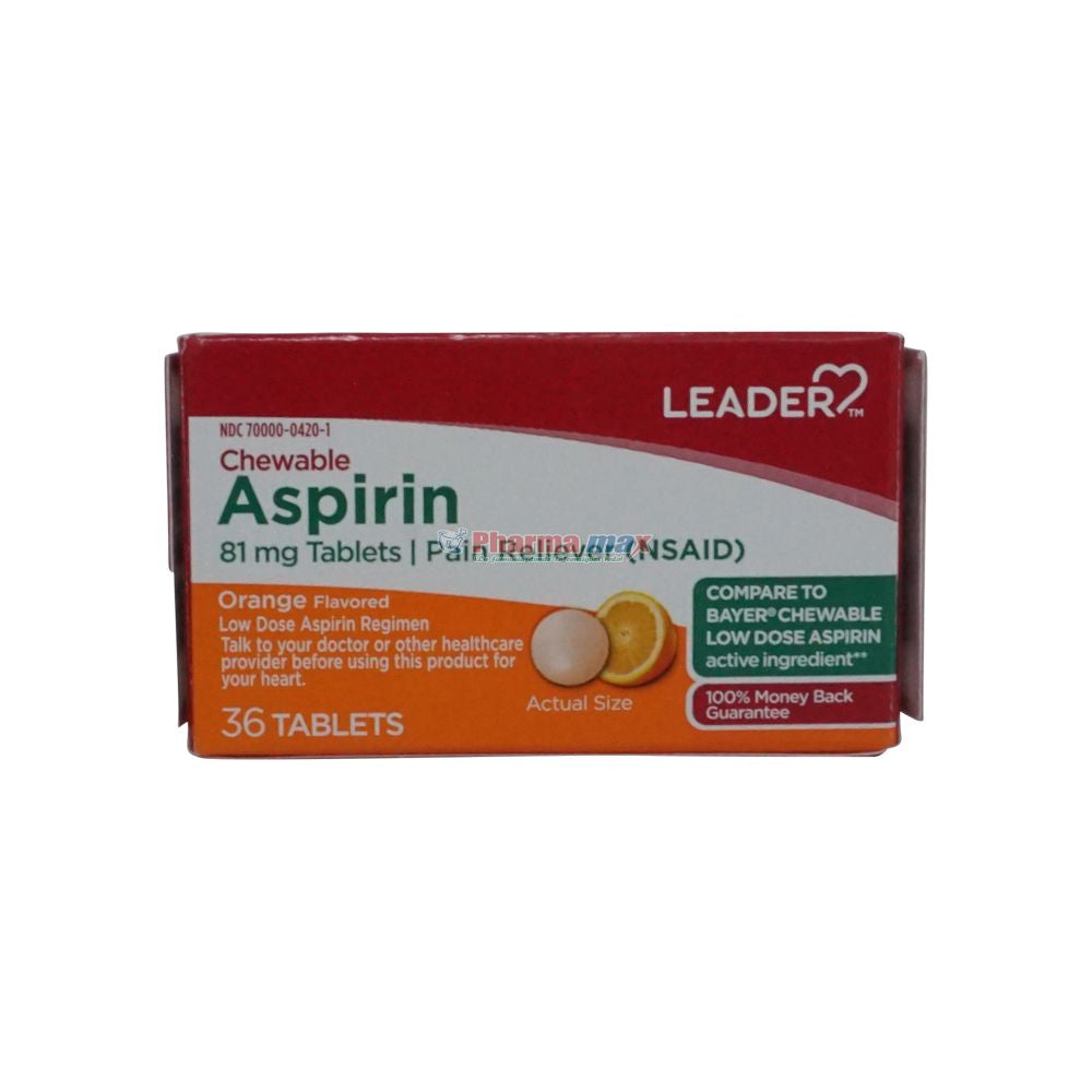 Leader™ Low Dose Aspirin 81 mg bottle with orange-flavored tablets, labeled as medicine and drugs from Pasteur Pharmacy.