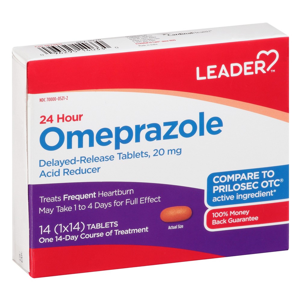 Leader 24 Hour Acid Reducer 20 Mg delayed-release tablets in a 14-count bottle, used for heartburn relief, by Pasteur Pharmacy.