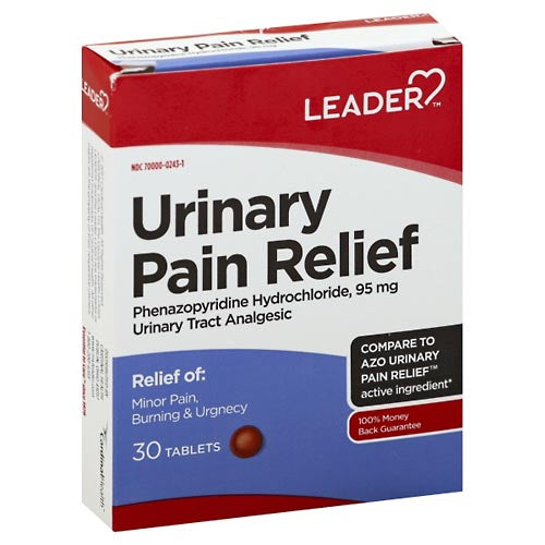 Leader Urinary Pain Relief fast-acting 95 mg tablets from Pasteur Pharmacy, showing the medication bottle and tablets inside.