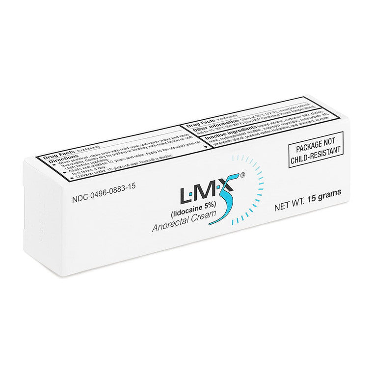 Tube of LMX 5 Topical Anorectal Cream with 5% lidocaine for maximum strength, 1.7 oz (48g), by Pasteur Pharmacy.