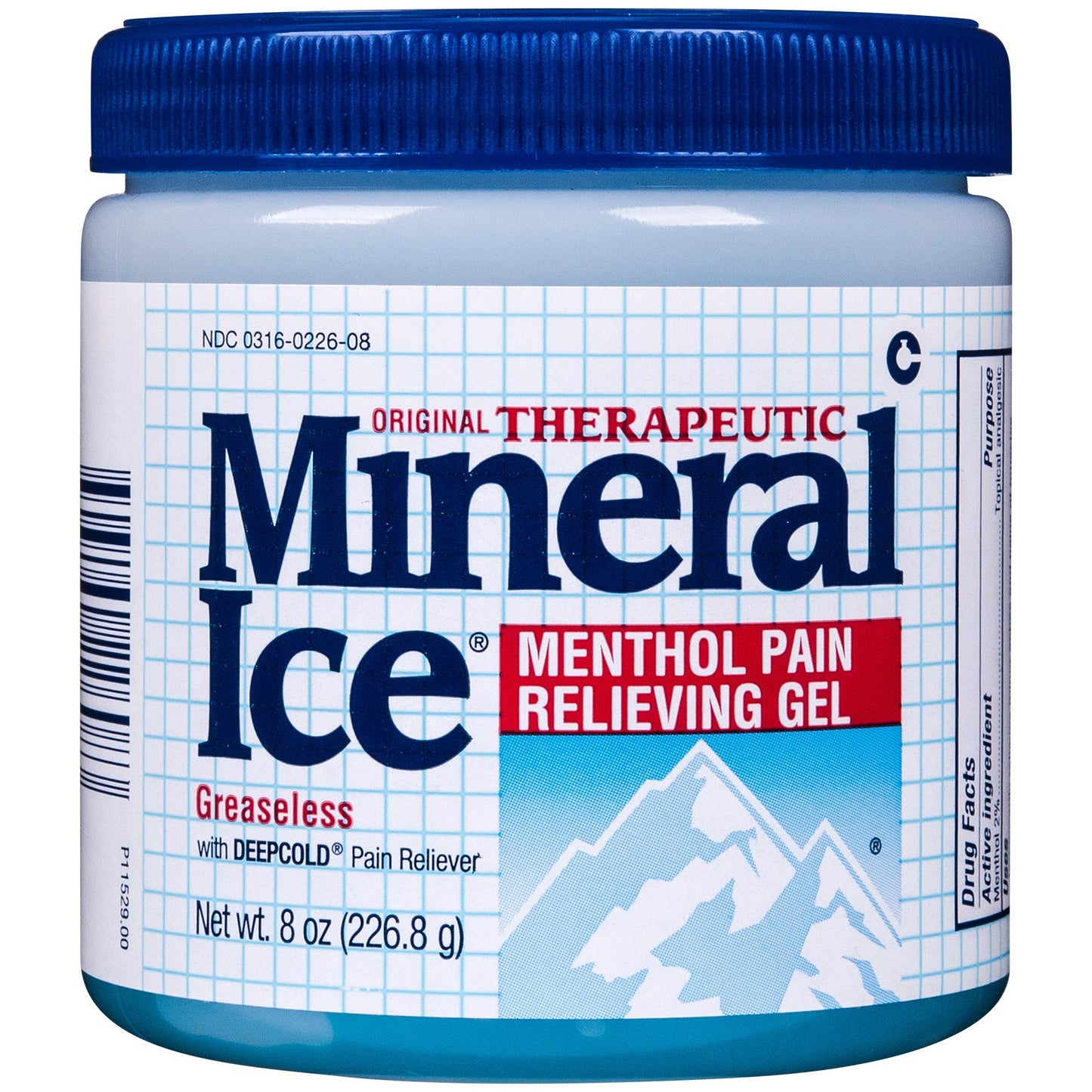 Mineral Ice Therapeutic Pain Relieving Gel with Menthol 2% in 8 oz bottle, cooling topical medicine for pain relief.