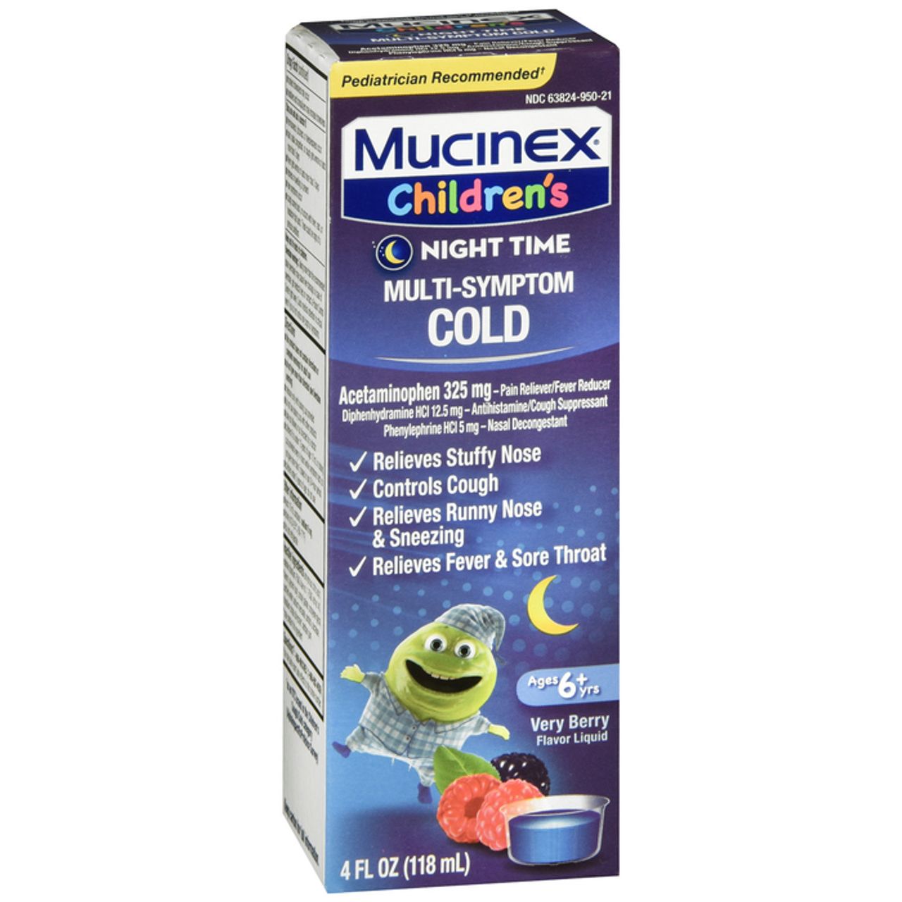 Mucinex Multi-Symptom Cold Night Time medicine in 4 fl oz bottle with Very Berry flavor, displayed on a pharmacy shelf.