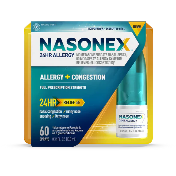 Nasonex 24-Hour Allergy & Congestion Relief Nasal Spray by Pasteur Pharmacy, 120 sprays, containing 50mcg Mometasone Furoate.
