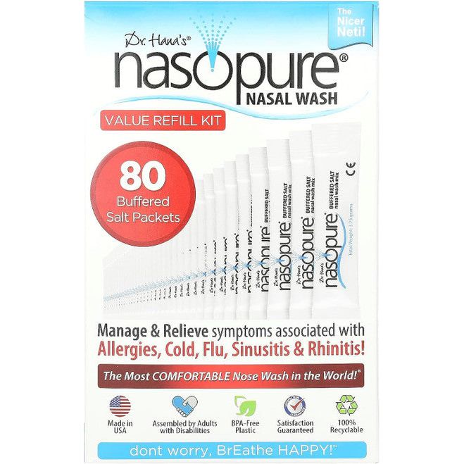 Nasopure Nasal Wash Value Refill Kit with 80 Buffered Salt Packets for nasal irrigation, by Pasteur Pharmacy.