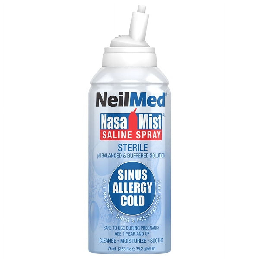 NeilMed Nasamist Isotonic Saline Spray for allergy and sinus relief in a 75ml bottle, used for nasal hydration and congestion relief.