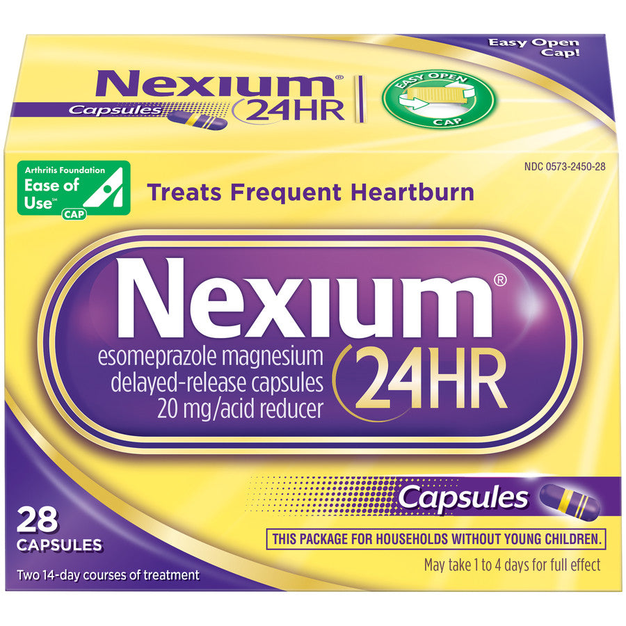 Nexium 24HR Acid Reducer capsules by Pasteur Pharmacy, 20mg Esomeprazole Magnesium, 28 count medicine and drug.