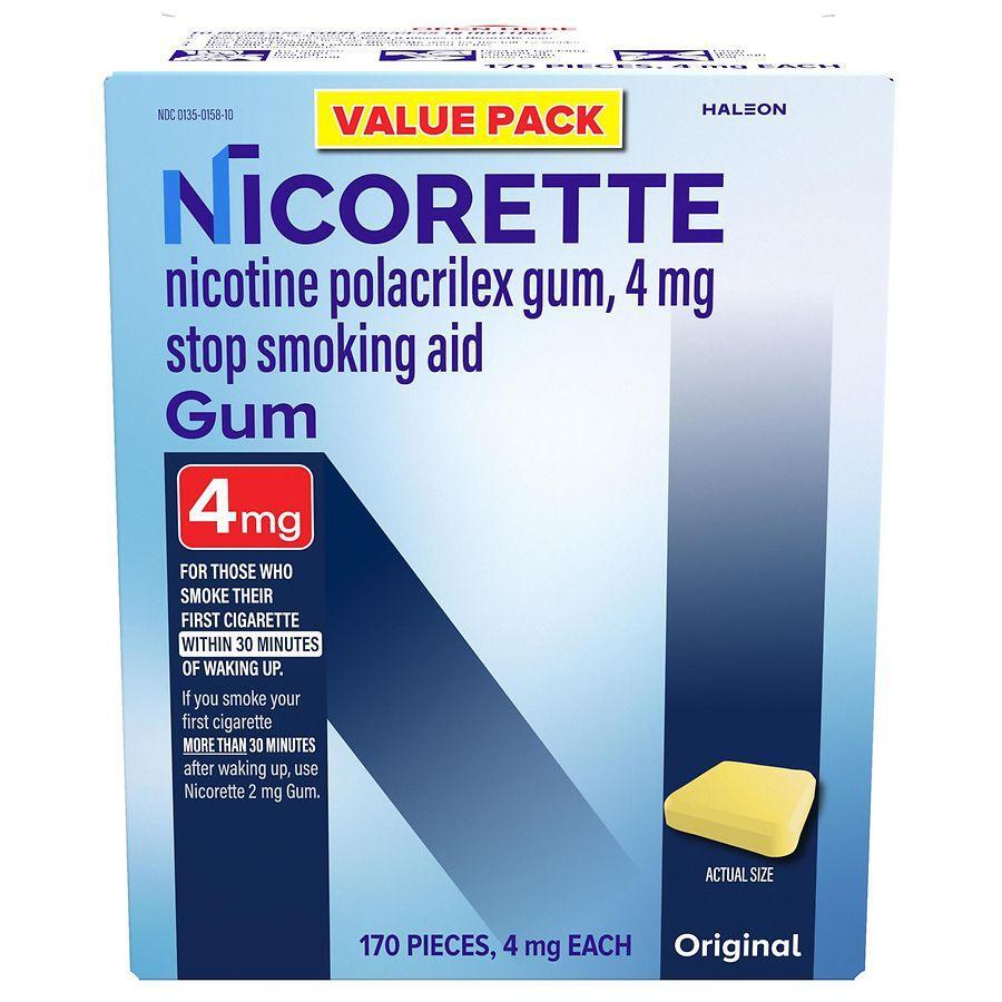 Nicorette 4mg stop smoking aid gum in original flavor, 170 count, used to help quit smoking with nicotine replacement.