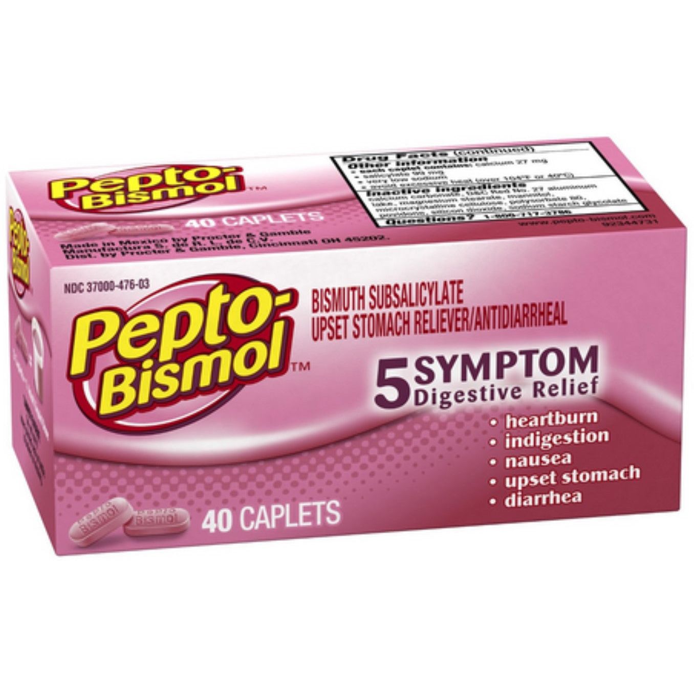Pepto Bismol 5-Symptom Relief Caplets in a bottle, medication for upset stomach, indigestion, nausea, heartburn, and diarrhea.
