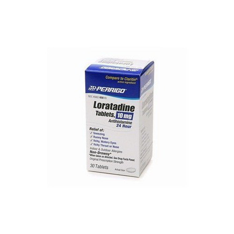 Perrigo Good Sense Loratadine 10 mg antihistamine tablets for allergy relief, displayed in blister pack with 24-hour dosage.