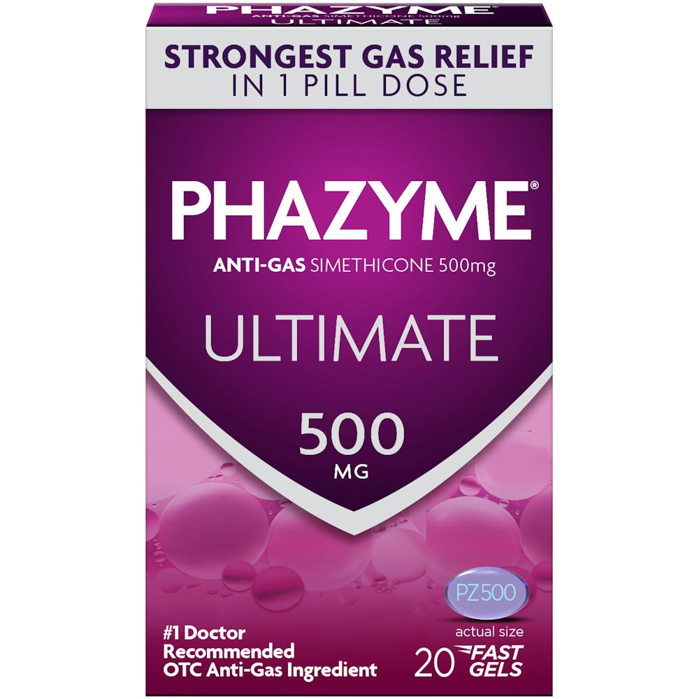 Phazyme Ultimate Gas & Bloating Relief fast-acting medicine in a bottle of 20 gel capsules, designed to alleviate gas and bloating.