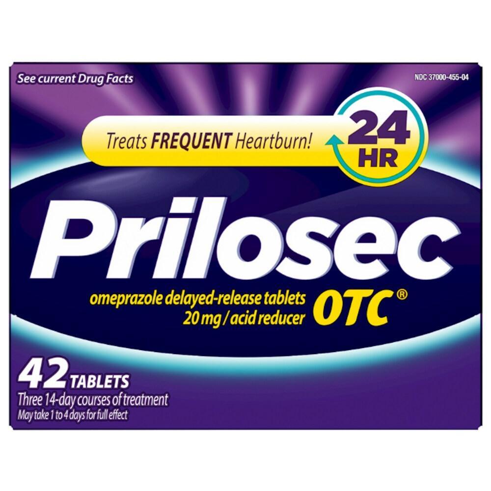 Box of Prilosec OTC proton-pump inhibitor tablets by Pasteur Pharmacy, showing the medication packaging and label.