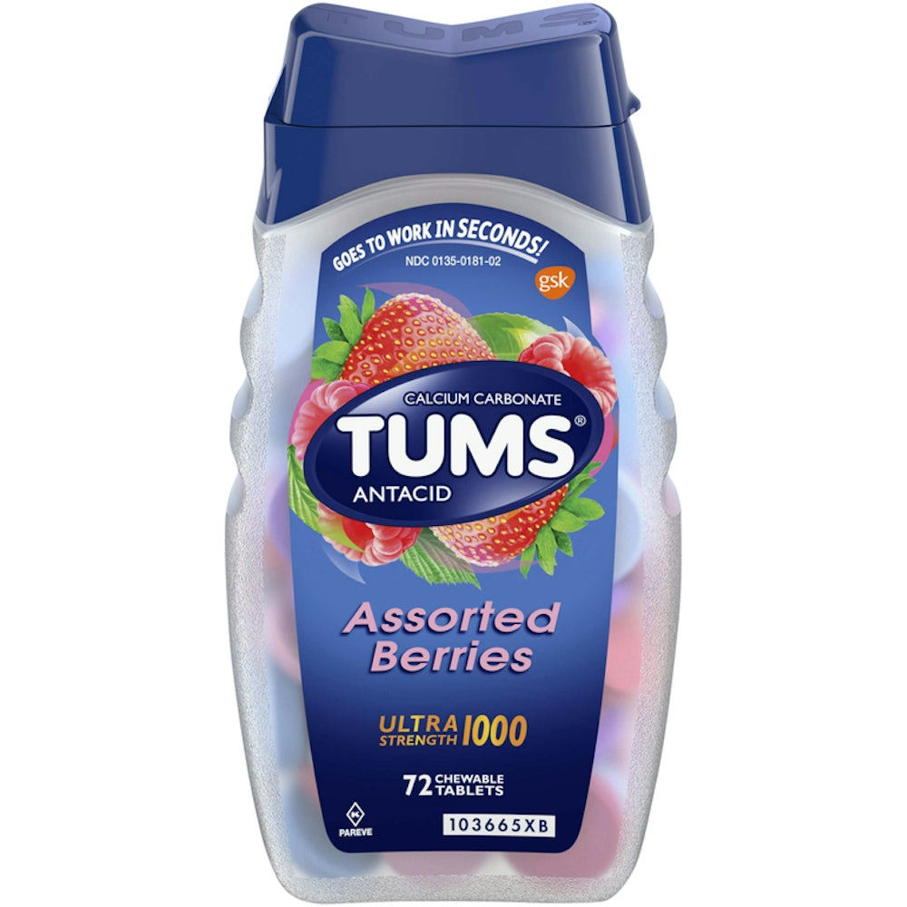 Tums Ultra Strength Chewable Antacid Tablets for heartburn relief in assorted berries, produced by Pasteur Pharmacy.