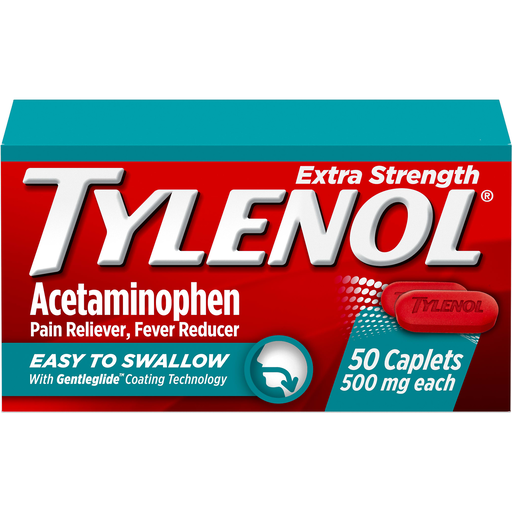Tylenol Acetaminophen medicine in a bottle with 50 caplets, used for pain relief and fever reduction, by Pasteur Pharmacy.