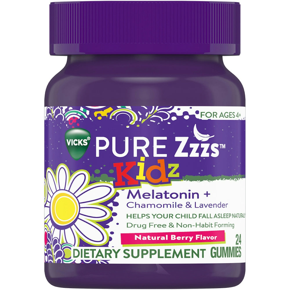 Vicks Pure Zzzs Kidz melatonin sleep aid gummies for kids, soft chewable gummies in a colorful package, designed for children.