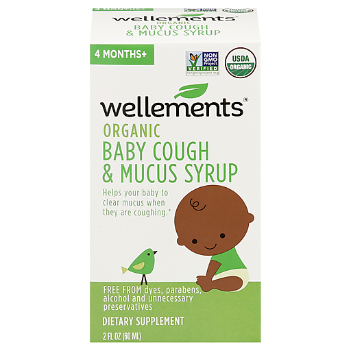 Wellements Organic Baby Cough and Mucus Syrup in 2 fl oz bottle, gentle natural medicine for infants' cough relief.
