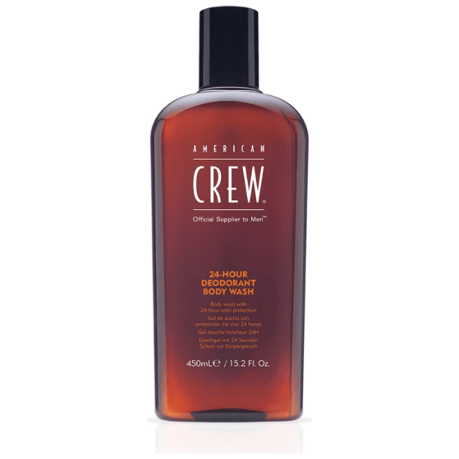 American Crew men's 24-hour deodorant bodywash in a 15.2 oz bottle, designed for long-lasting freshness and clean skin.